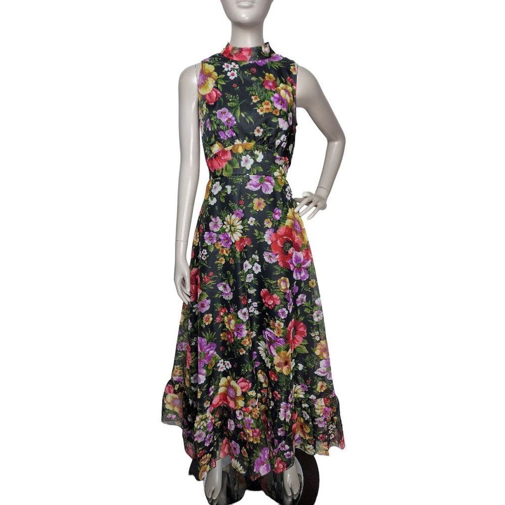 Vtg 70's Lorrie Deb Black Spring Floral Organza Halter Cottagecore Prairie Dress